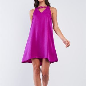 Women's Violet Satin Silky Relaxed Fit V-Neck Chest Crochet Accent Mini Dress